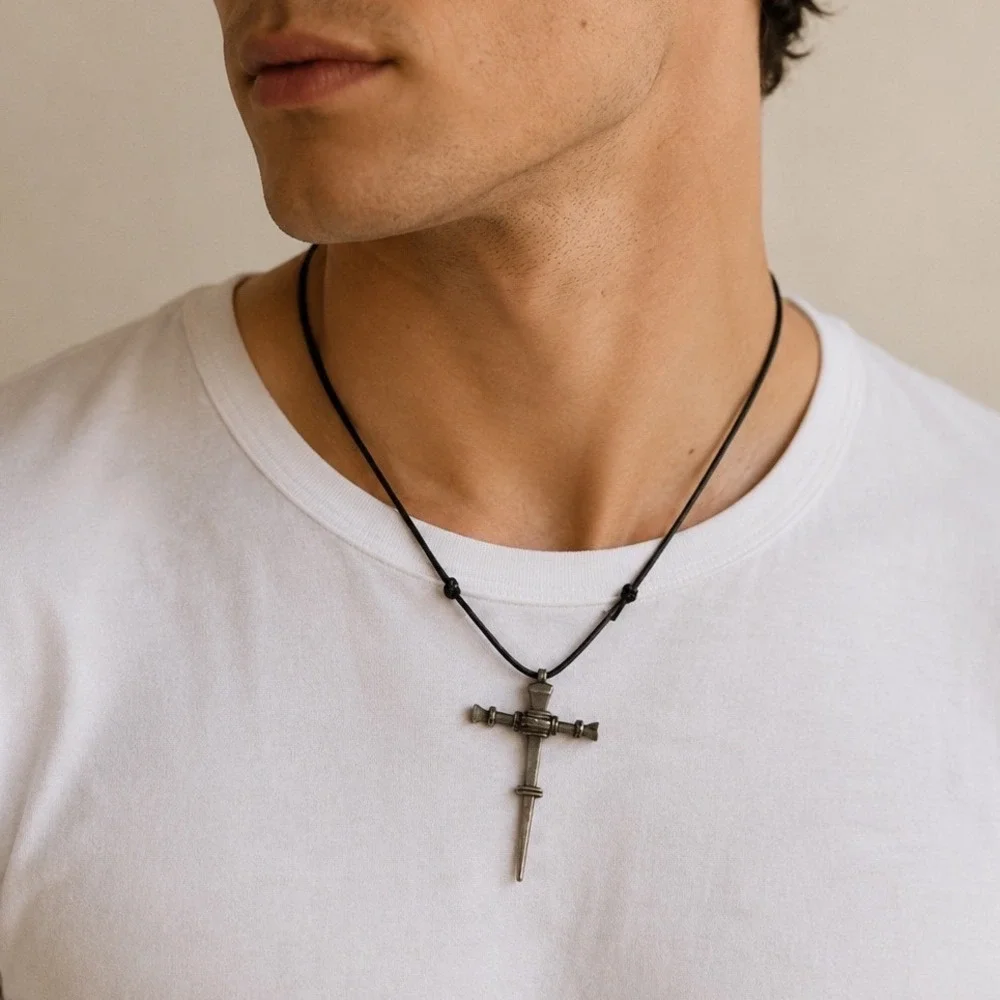 Nail Cross Pendant Necklace Adjustable Black Cord  jewelry bundle of 3‎